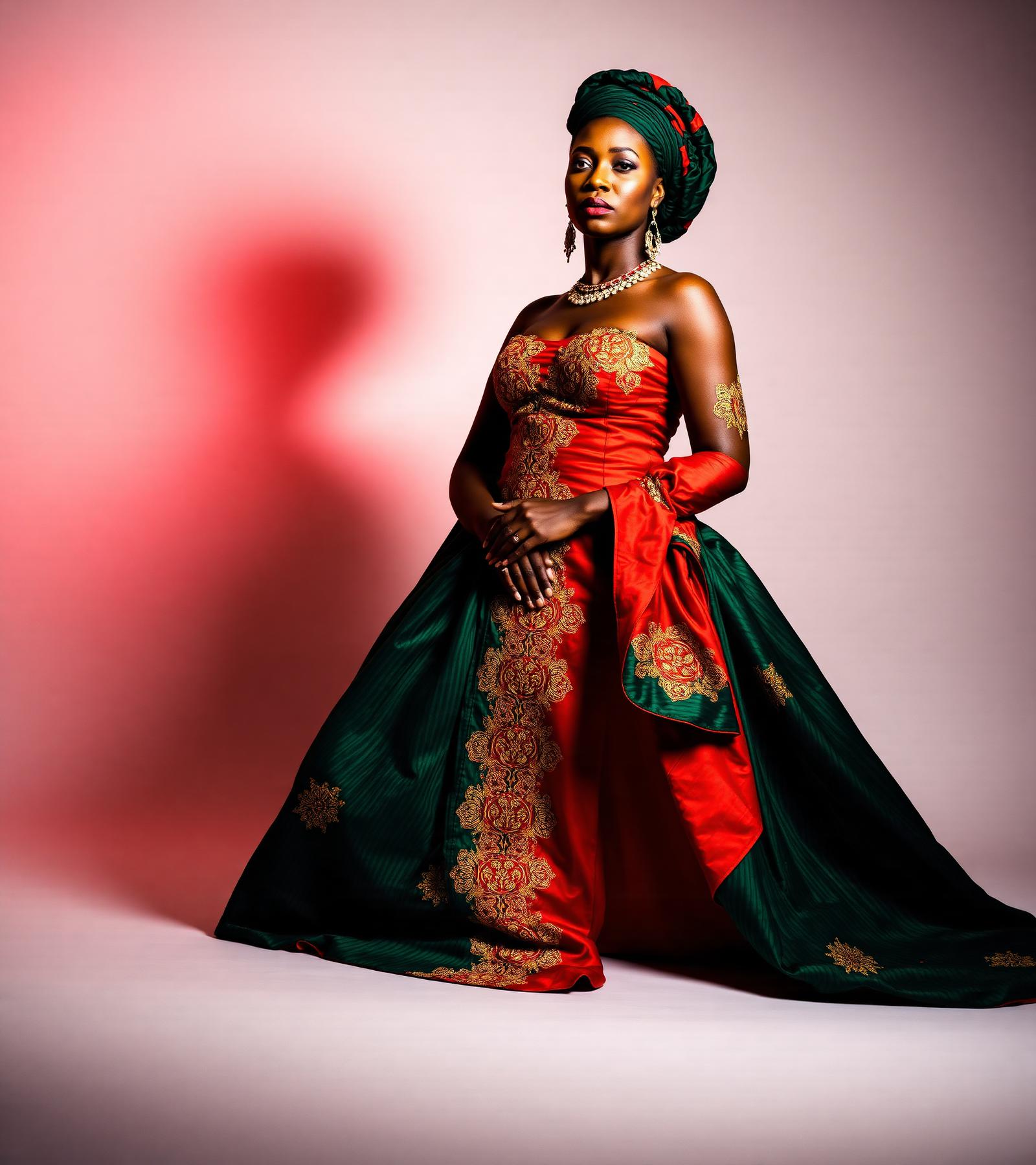 Elegant Nigerian woman in emerald and terracotta Ankara gown